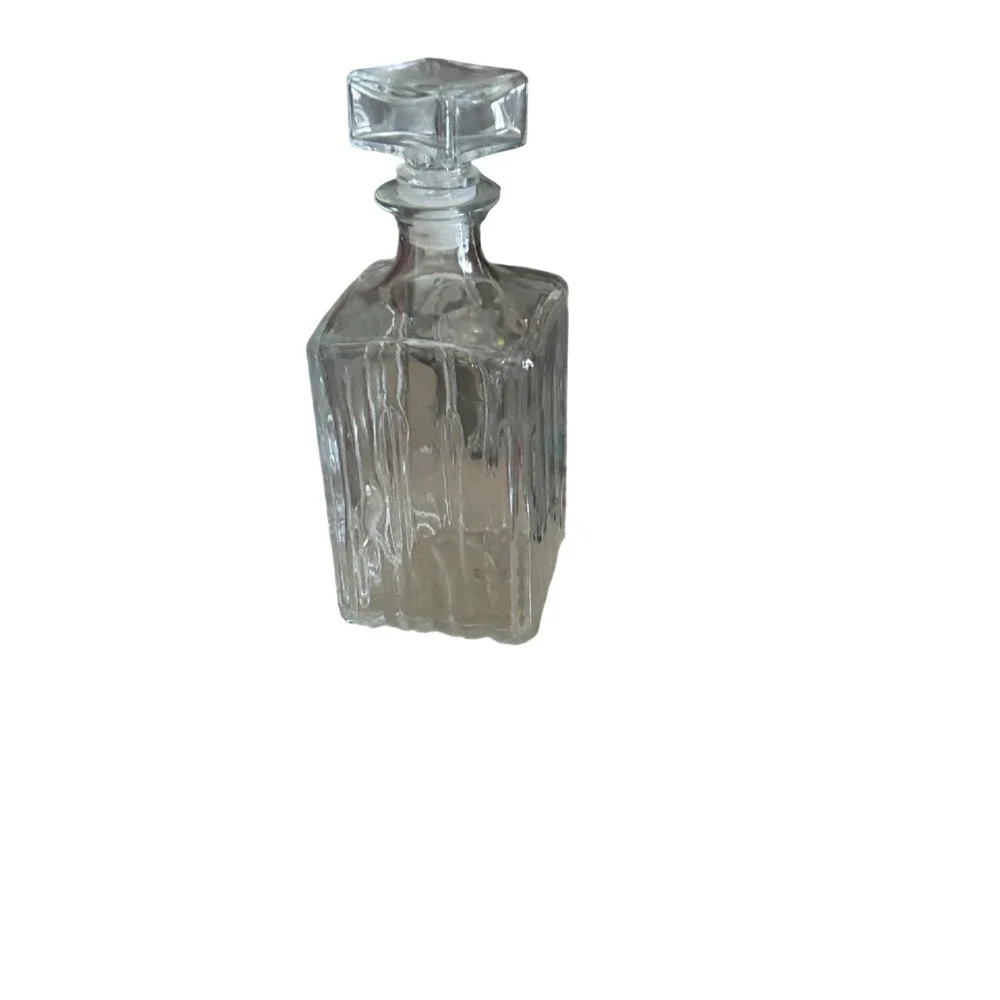 Vintage Clear Glass Square Whiskey Decanter Ribbed Bark Texture with Stopper